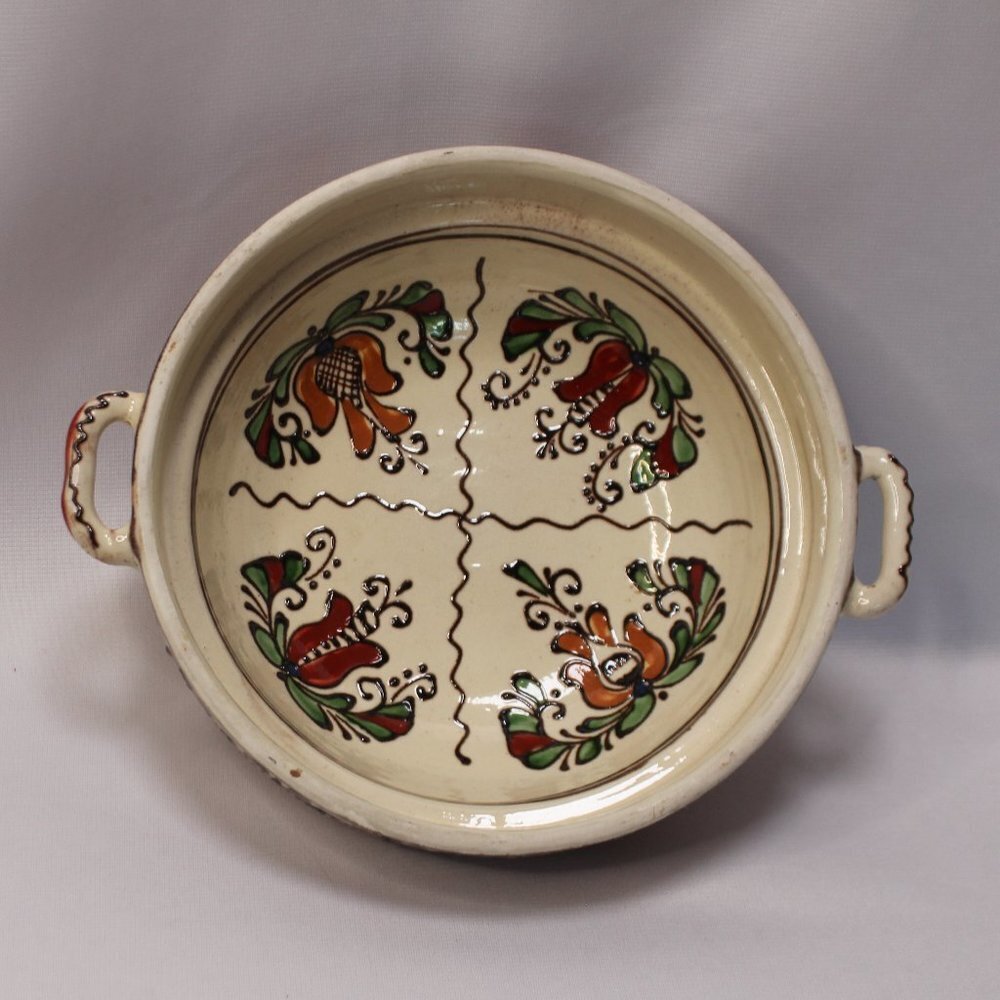 Antique Signed Korond Floral Pottery Bowl from Romania